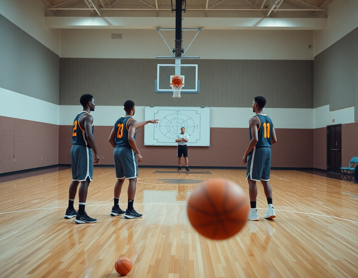 Tres jugadores trabajan el tiro, observados por el entrenador para como mejorar la mecanica de tiro en baloncesto.