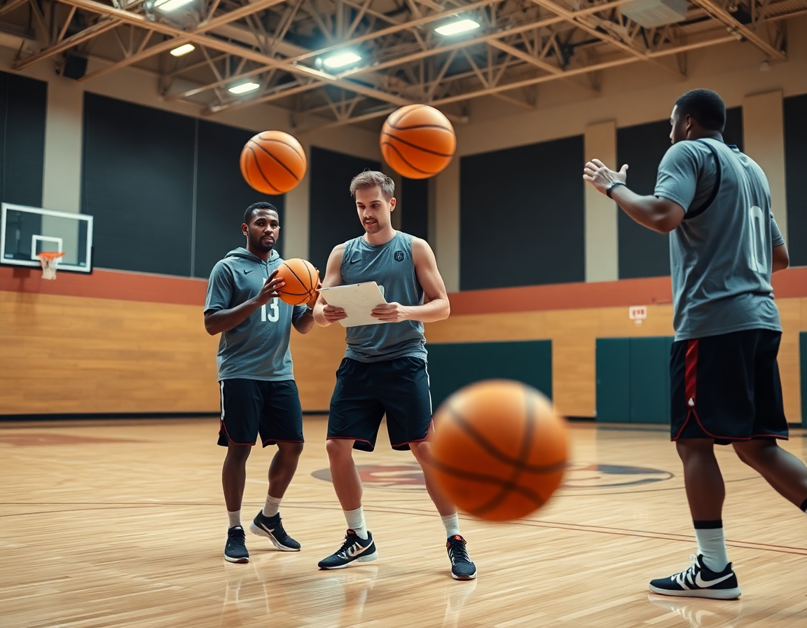 Primer plano de drill de baloncesto, con plan entrenamiento baloncesto visible en la pizarra y jugadores.