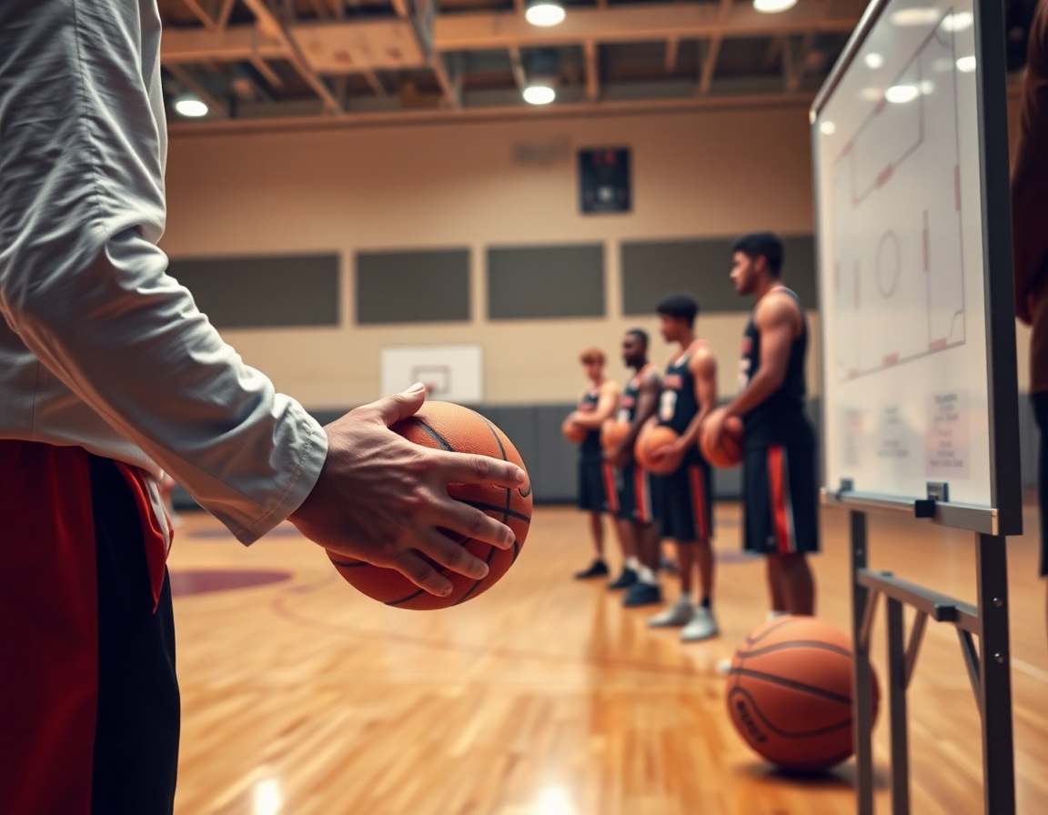 Primer plano de baloncesto mini: manos del entrenador dibujando jugada y jugadores con balón.