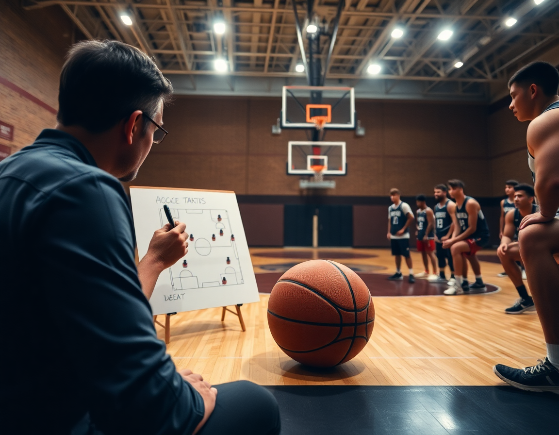 ejercicios defensa baloncesto pdf en tablet cerca de la pizarra durante un entrenamiento.