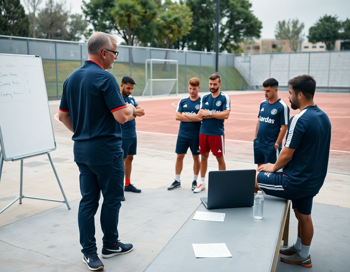Entrenador revisa resultados baloncesto acb y planifica la semana con jóvenes jugadores.
