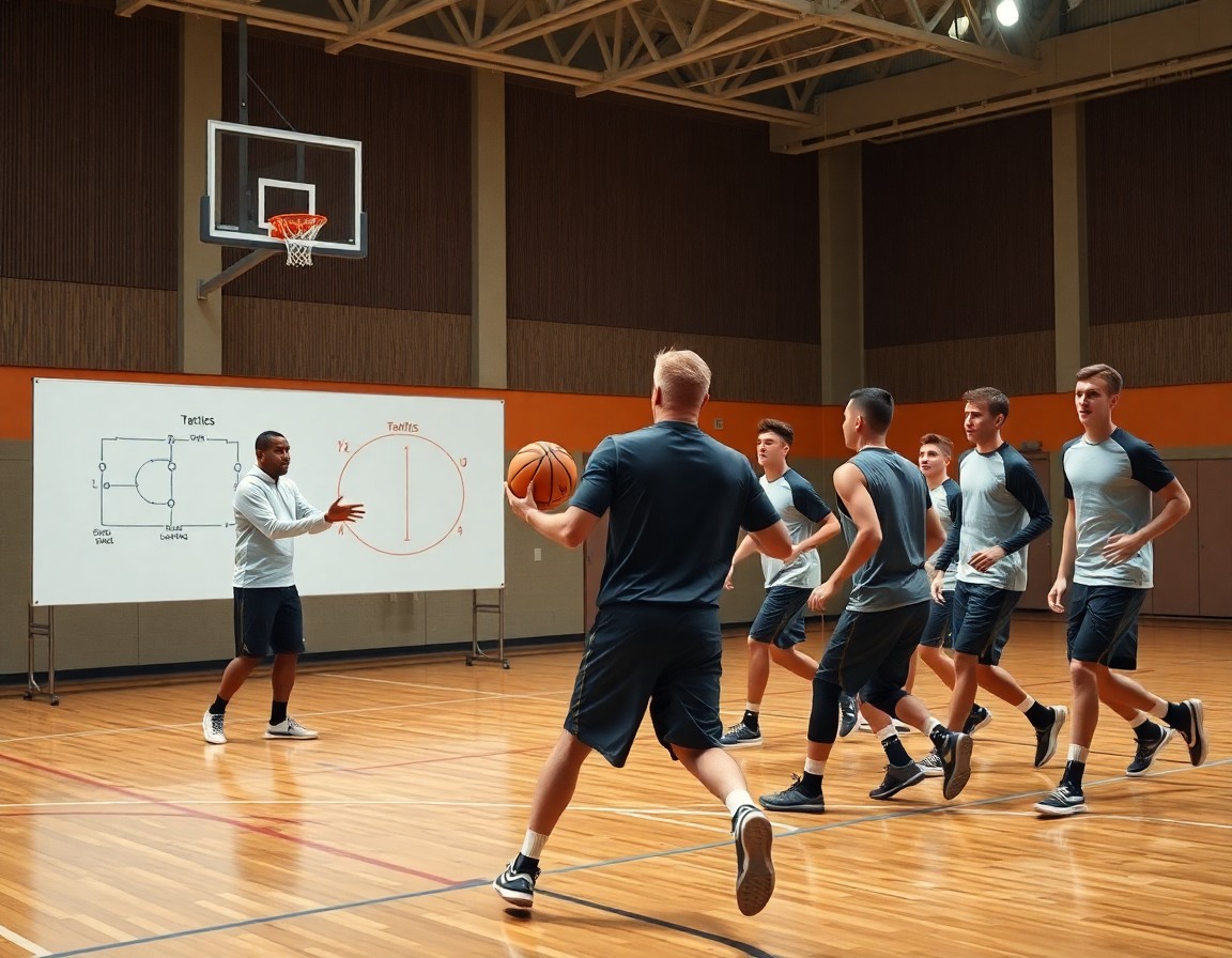 Plano medio de contraataque baloncesto ejercicios en transición, pizarra y jugadores atentos.