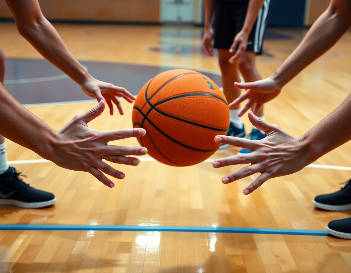 Primer plano de contraataque baloncesto ejercicios: manos guían dribbling, balón naranja, y jugadores espaciados.