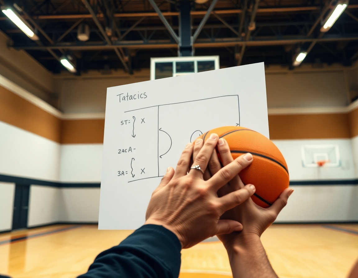 Cámara cercana a las manos del entrenador dibujando movimientos, visualizando contraataque baloncesto en ingles.
