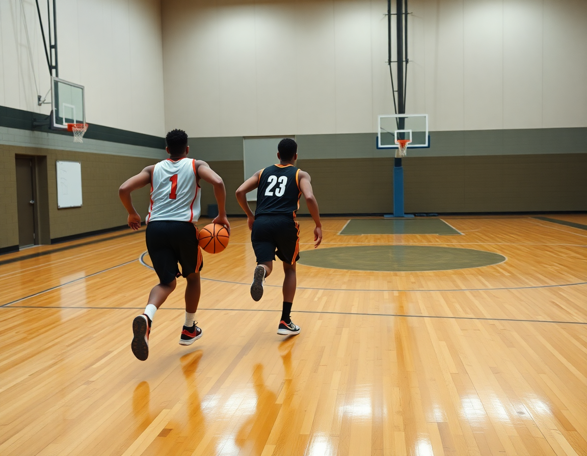 Plano medio de dos jugadores ejecutando una salida rápida de contraataque baloncesto en ingles en la pista.