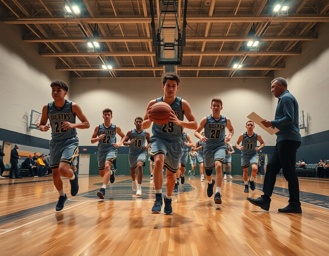 Plano de acción de equipo en transición, entrenador señalando jugadas, contraataque baloncesto en ingles en la cancha.