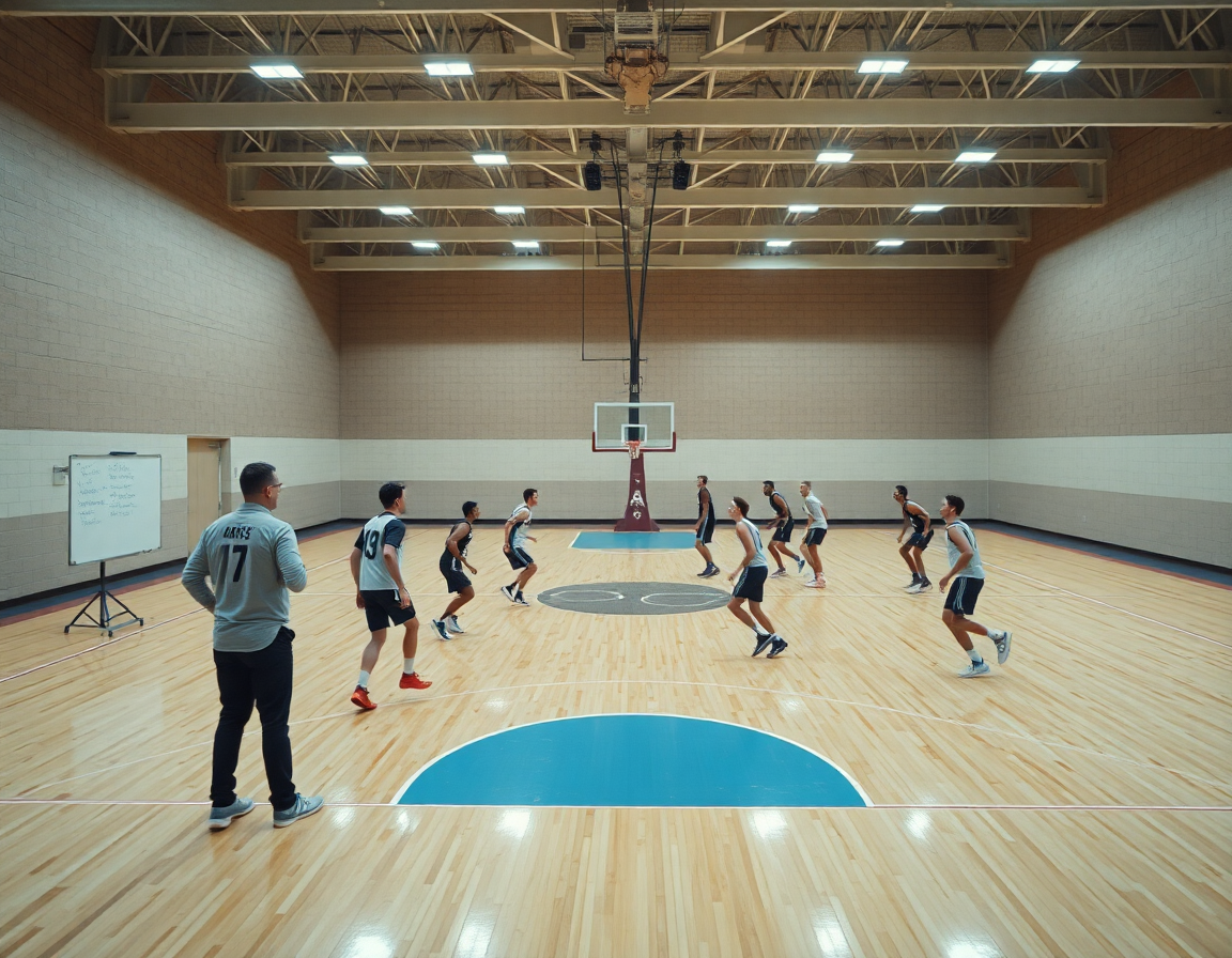 Escena de entrenamiento nocturno en el curso entrenador baloncesto nivel 1 online, con pizarra y balón.
