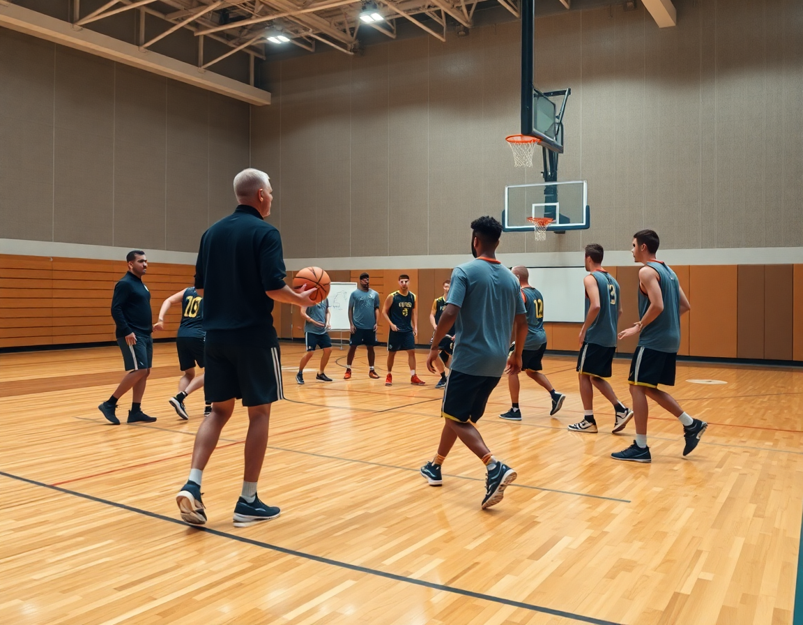 Entrenador señala una jugada de baloncesto en la cancha durante un drill.