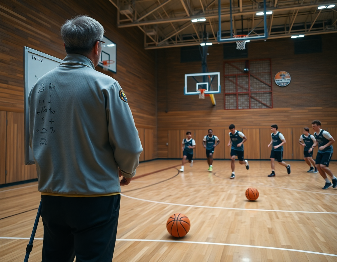 Entrenador con pizarra táctica dibuja una secuencia mientras jugadores corren a posiciones en la cancha de baloncesto.