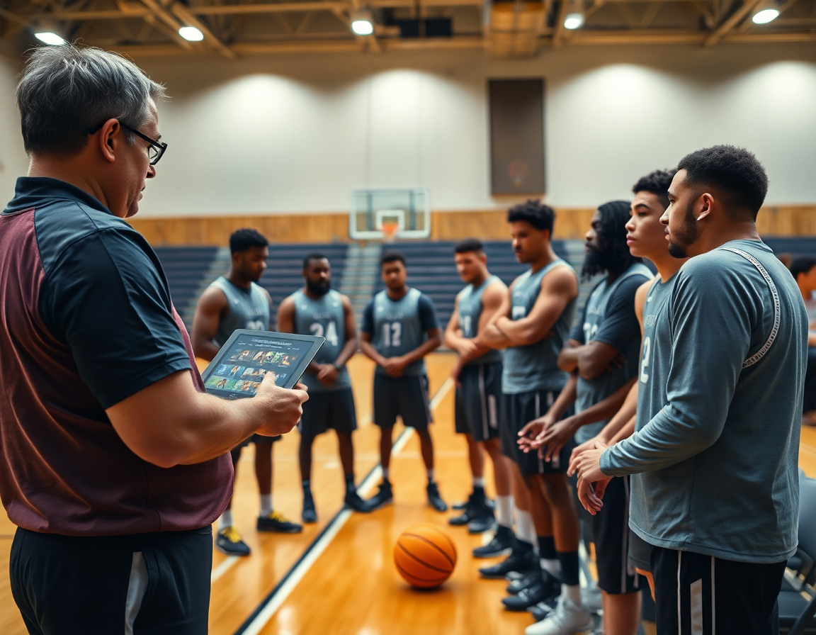 En la banda, el entrenador muestra fragmentos de análisis para que los jugadores analicen la cancha de baloncesto.