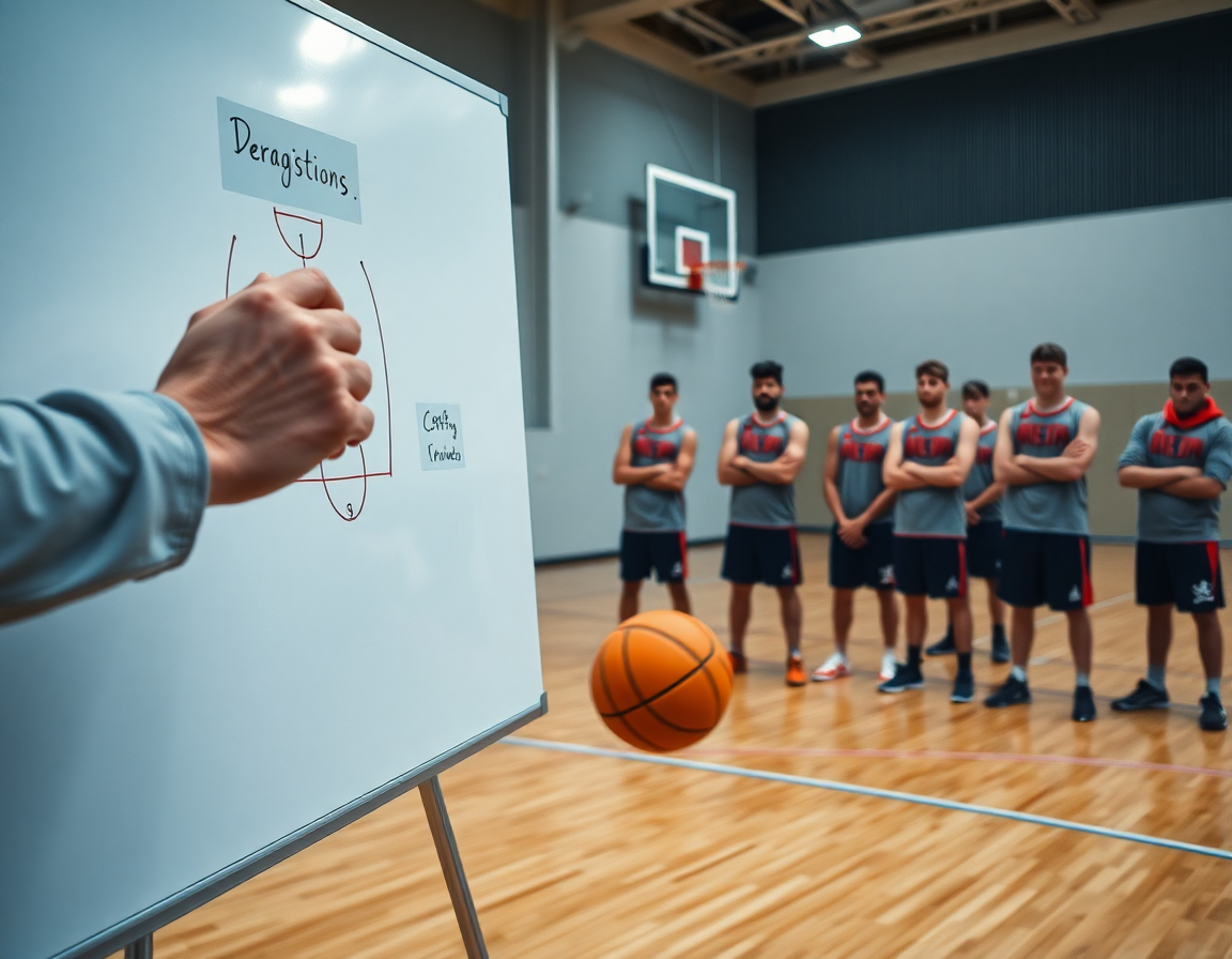 defensa baloncesto dibujo facil: primer plano de manos dibujando posiciones defensivas en una pizarra de baloncesto.