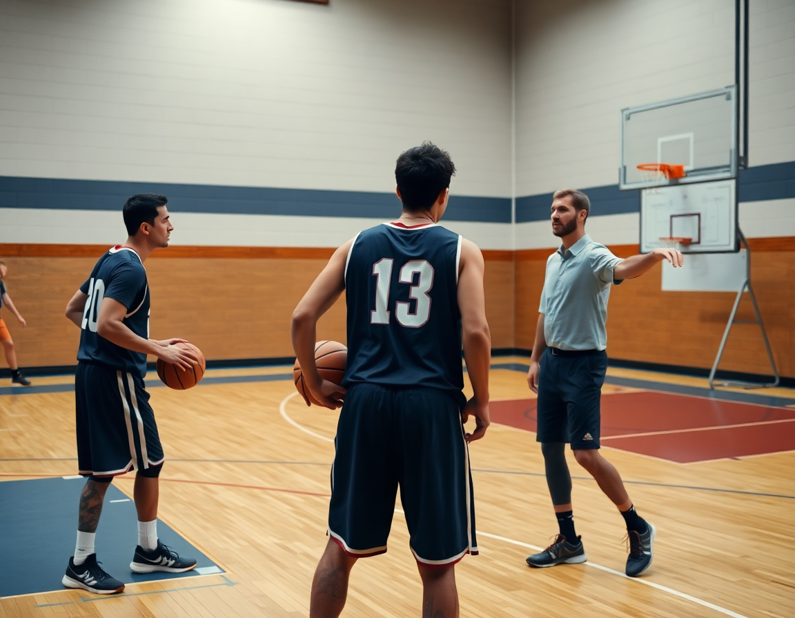 defensa baloncesto dibujo facil: dos jugadores trabajan cerca del arco mientras el entrenador señala la pizarra táctica.