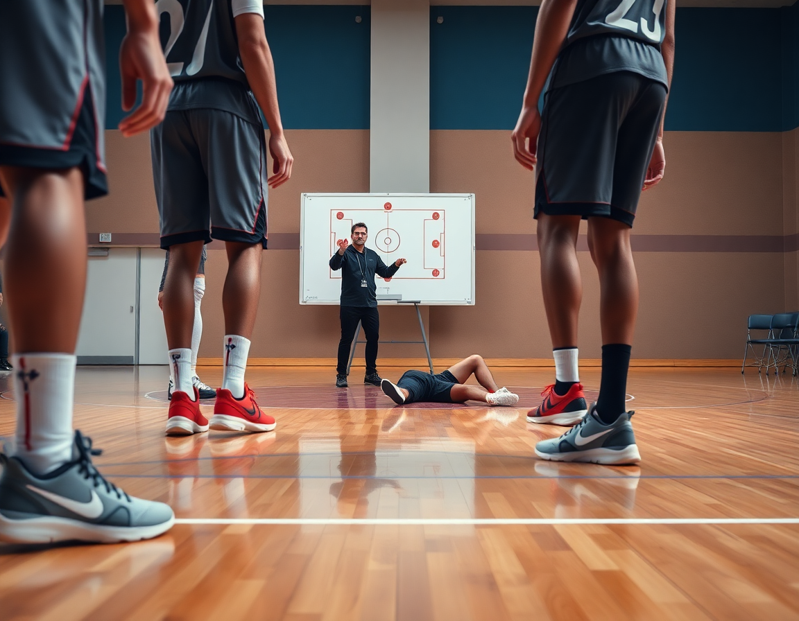 Plano cercano de pies y manos; defensa baloncesto en la cancha de madera mientras el entrenador señala.