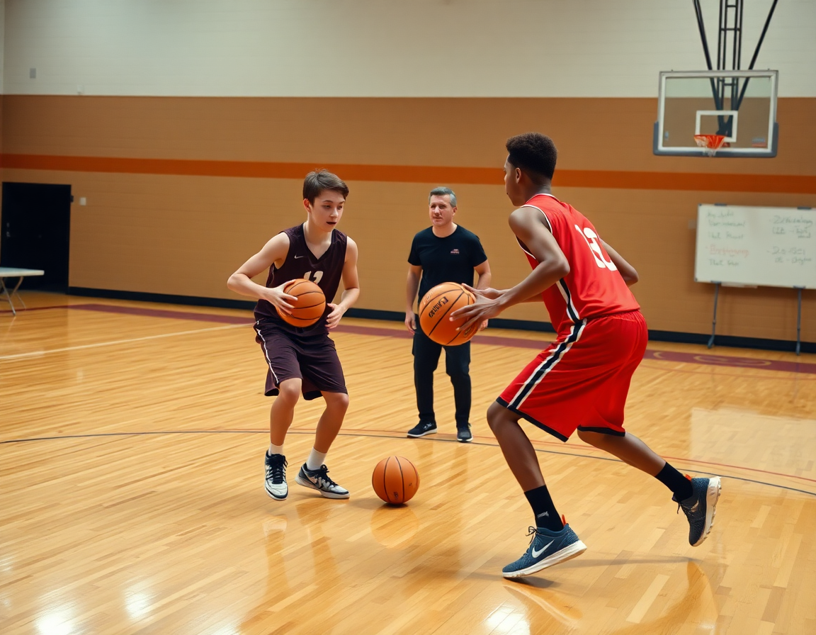 defensa en baloncesto para niños, entrenador señala postura y pies en defensa durante drill.
