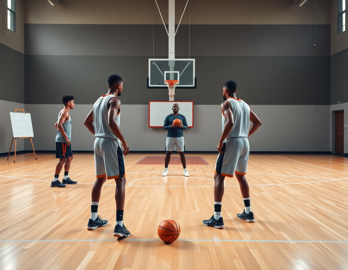 defensa en baloncesto para niños, niños practican 1x1 cerca del aro bajo iluminación.