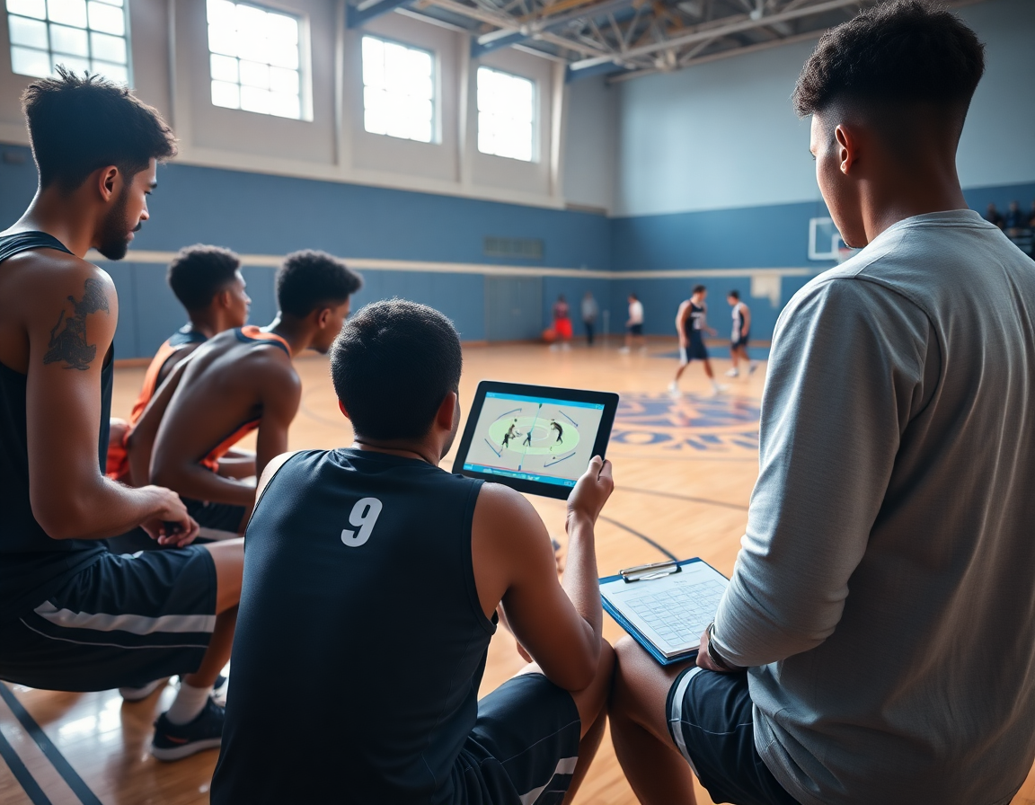 defensa en baloncesto para niños, analista revisa clips de video en tablet sobre cada pose.