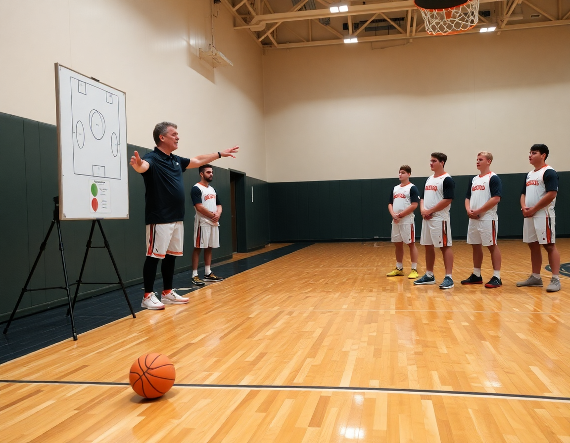 Defensa en zona baloncesto dibujo: entrenador explica zonificación en pizarra frente a jugadores.