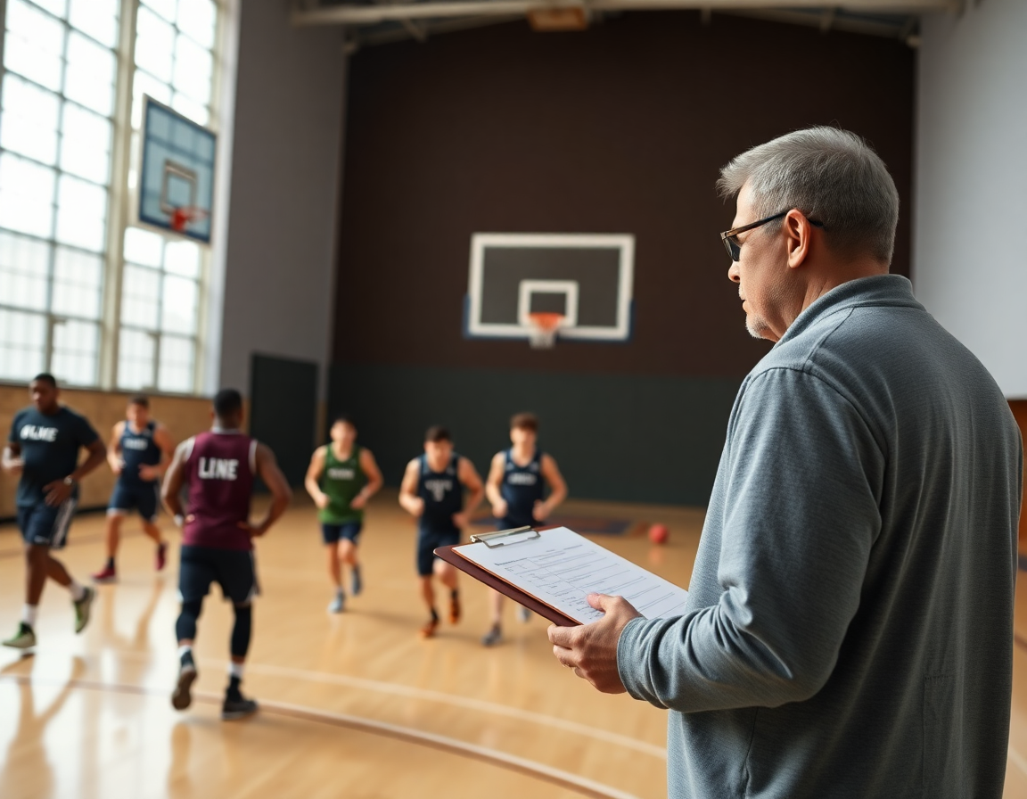 Entrenador revisa un plan semanal de defensa en zona en baloncesto mientras los jugadores hacen un drill.