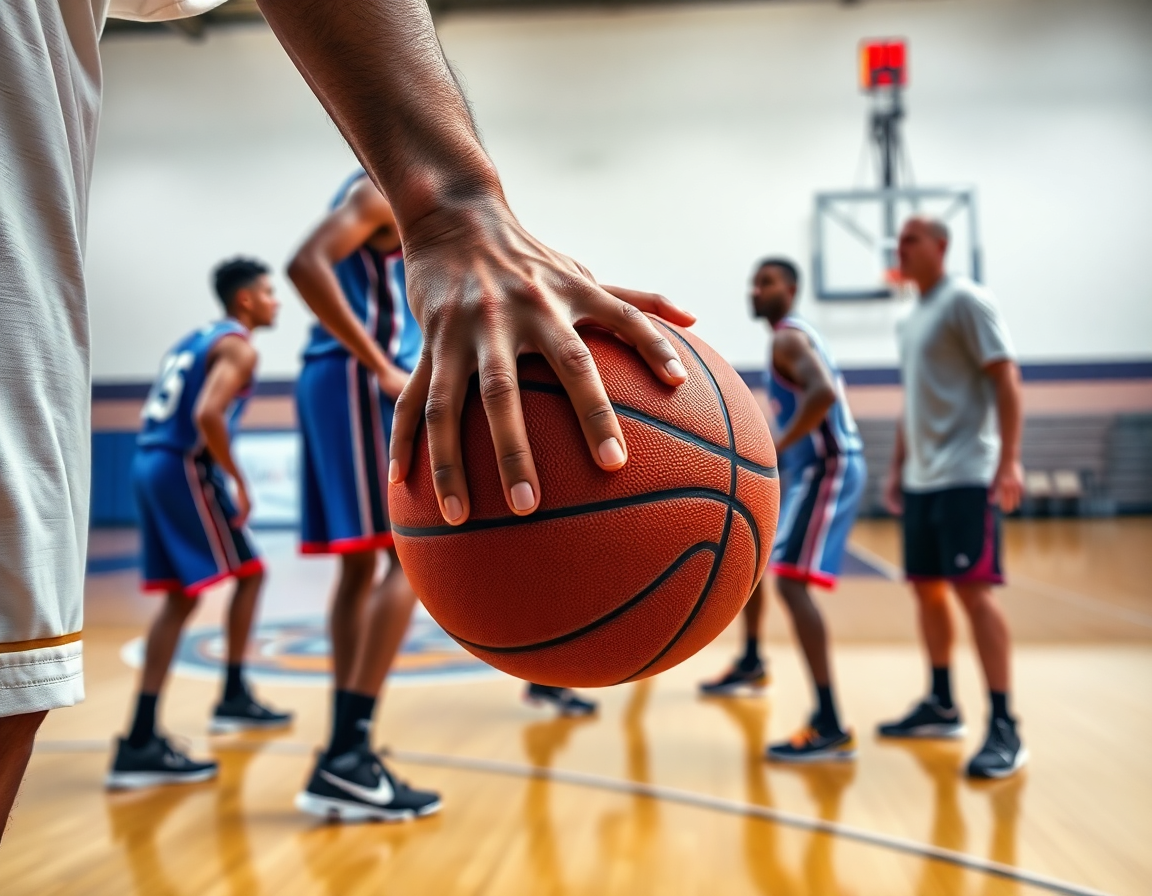 Primer plano de las manos con balón mientras defensa en zona en baloncesto se practica.