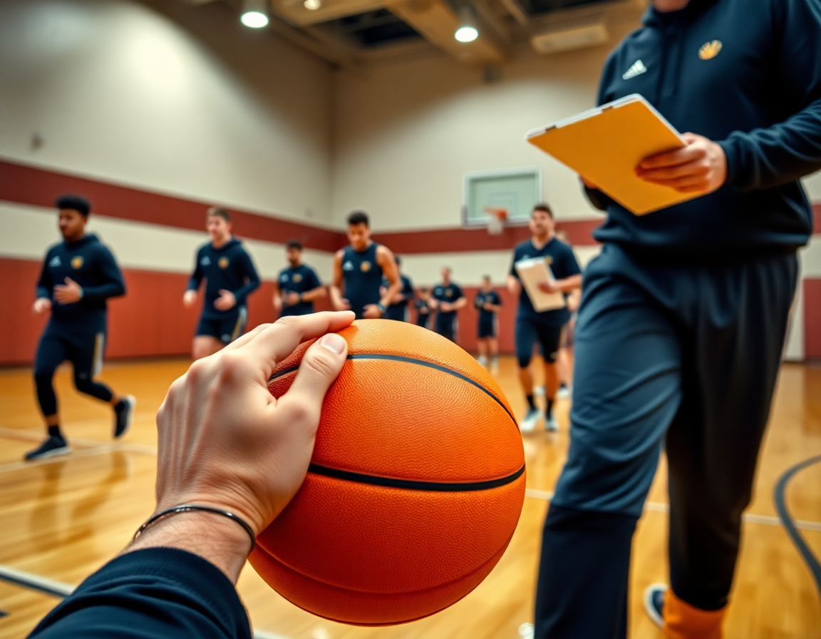 Primer plano de manos con un balón naranja durante un drill de defensa en zona baloncesto.
