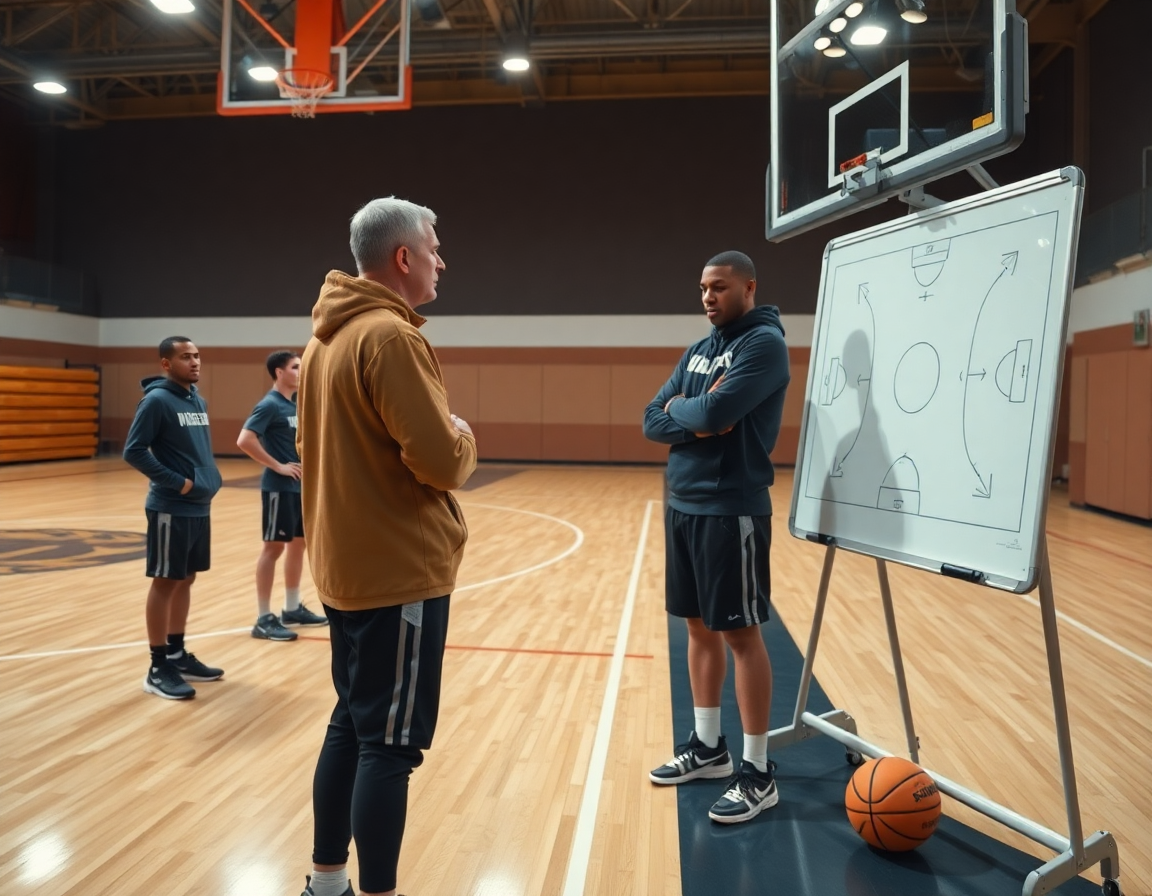 Entrenador señala un diagrama de defensa en zona baloncesto en la pizarra mientras jugadores observan.