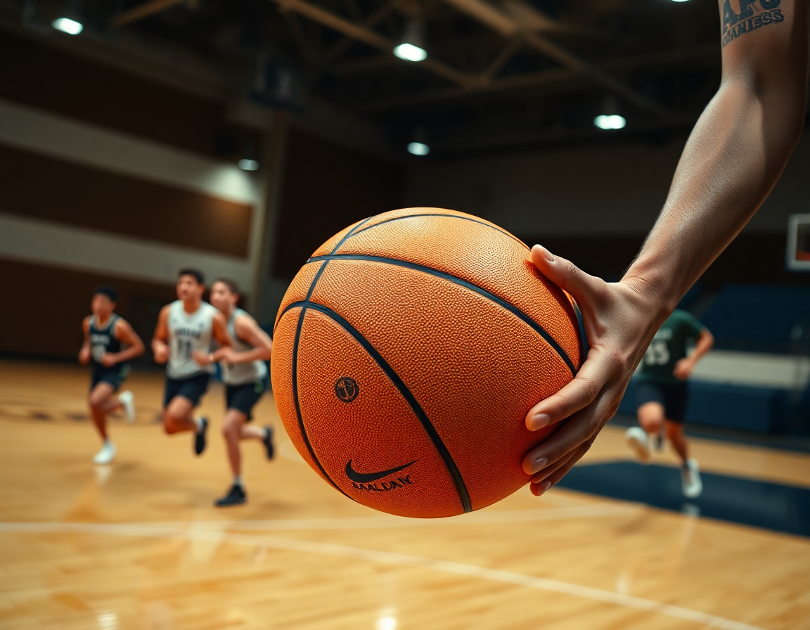Primer plano de manos manejando un balón naranja durante una secuencia de pases de baloncesto.