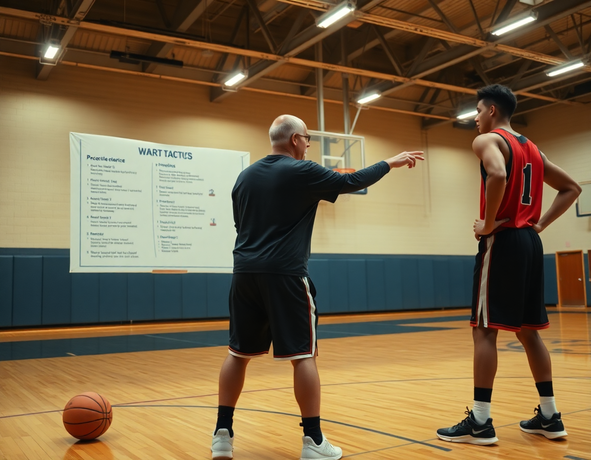 Primer plano de defensa individual baloncesto ejercicios, entrenador con pizarra táctica y jugadores atentos.