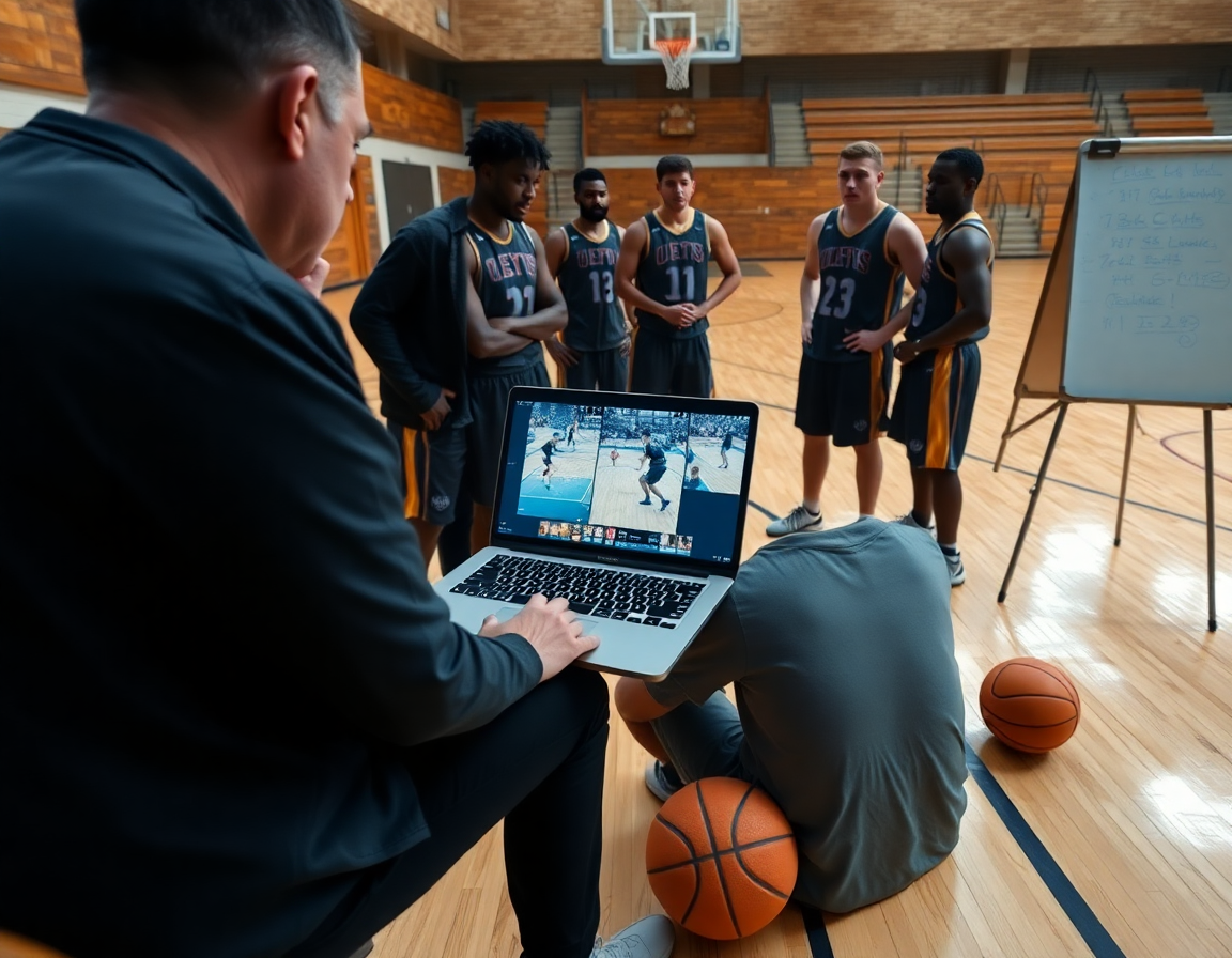 Revisión de defensa individual baloncesto ejercicios, entrenador señala movimientos defensivos a jugadores atentos.