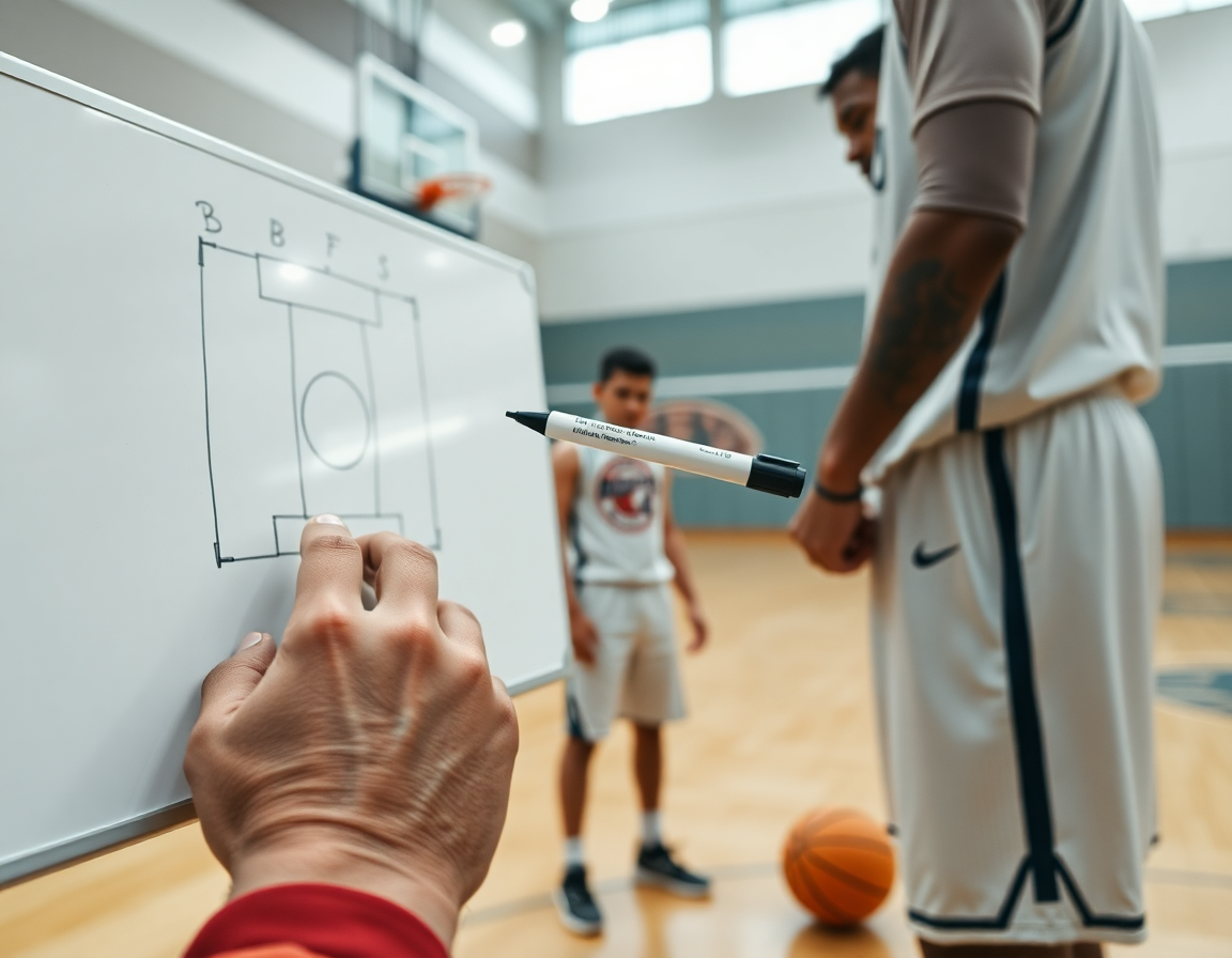 Primer plano de defensa individual baloncesto con entrenador señalando la pizarra y balón.
