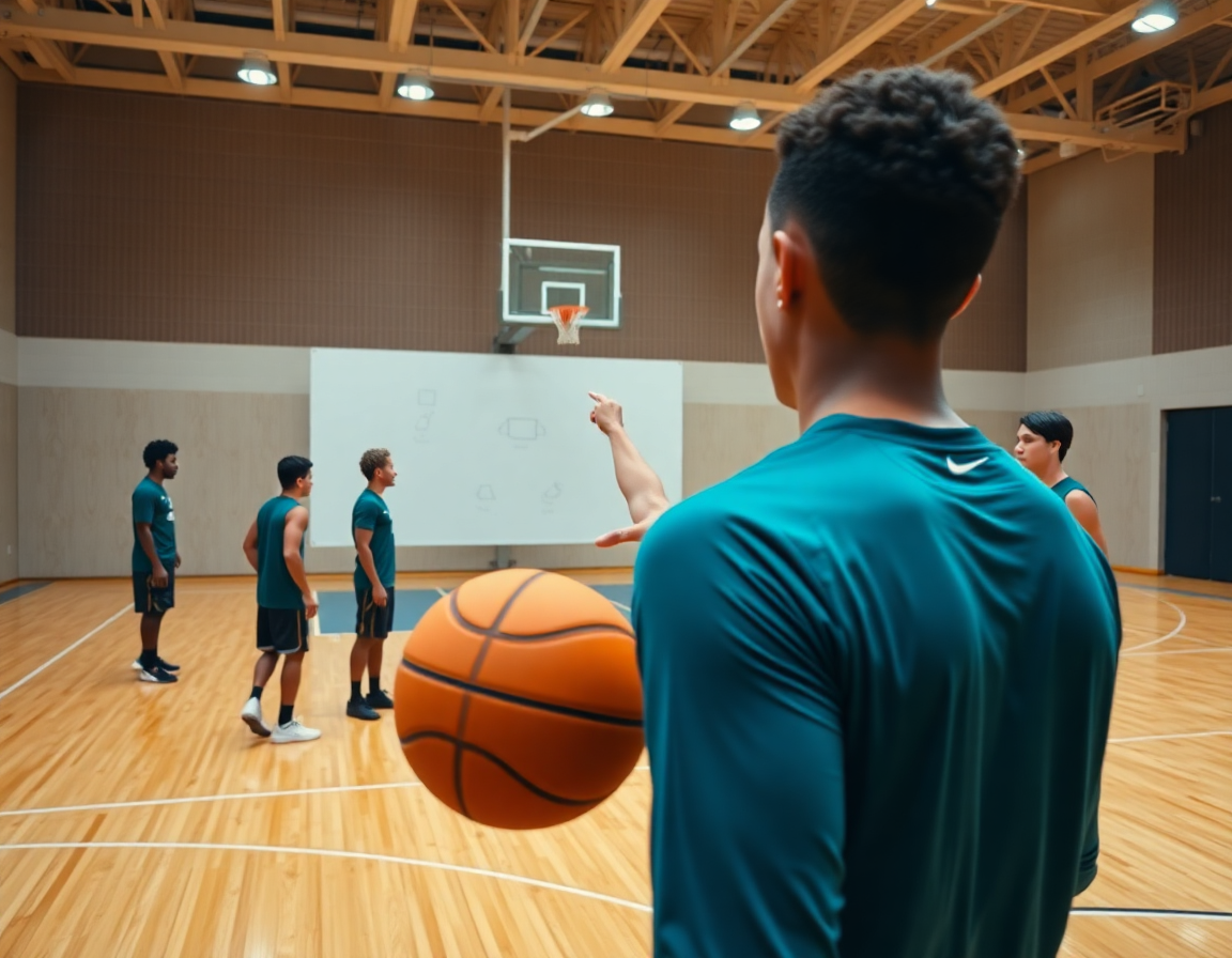 Manos sujetando el balón naranja mientras el entrenador revisa la defensa individual baloncesto en la pizarra.