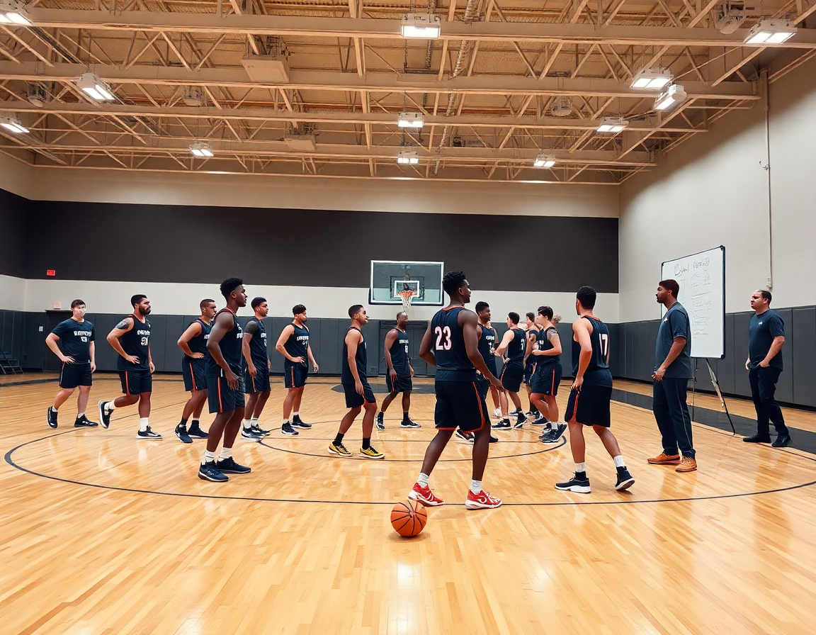 Defensa individual baloncesto en fila, jugadores ejecutando desplazamiento lateral mientras el entrenador gesticula.