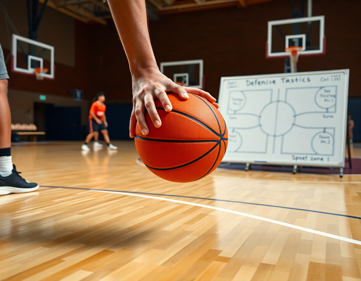 Primer plano de defensa individual y en zona baloncesto durante entrenamiento real en gimnasio.