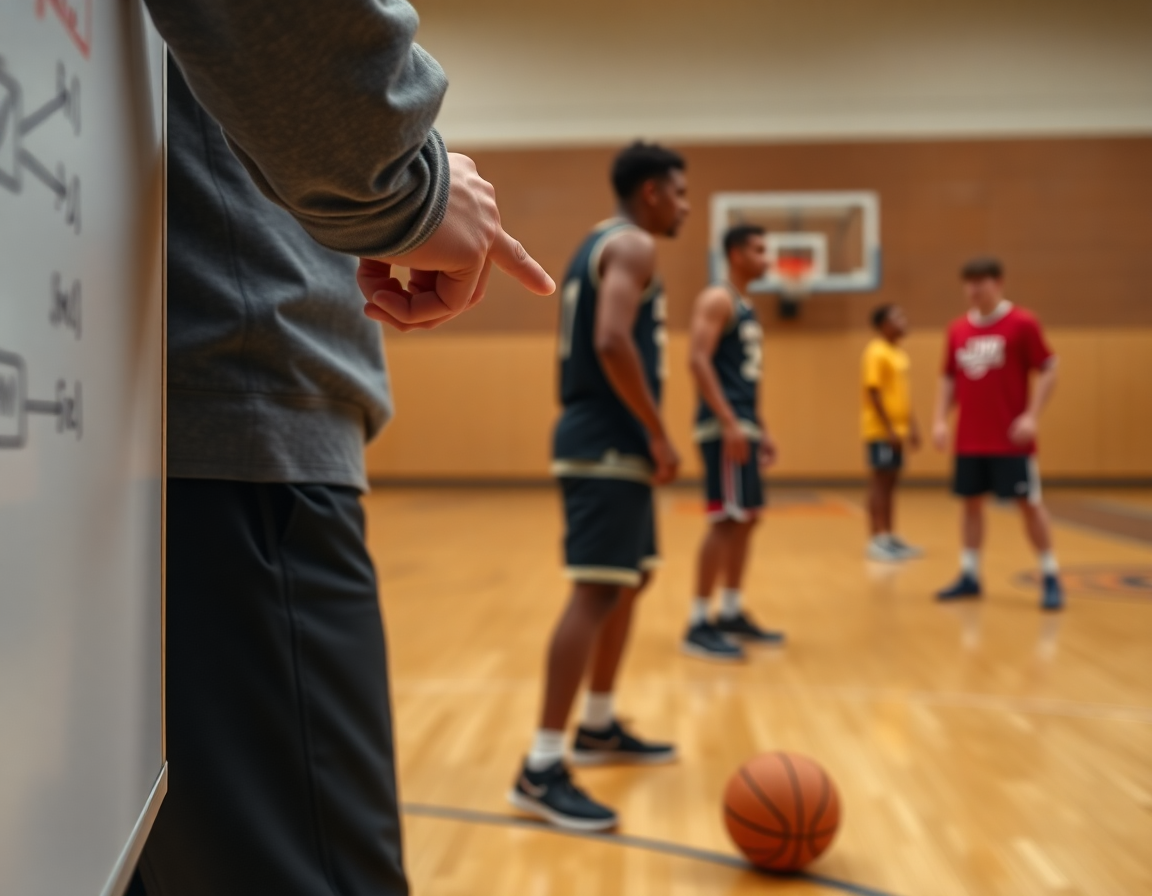Defensa zona baloncesto en primer plano: la mano del entrenador señala estrategias junto a la cancha.