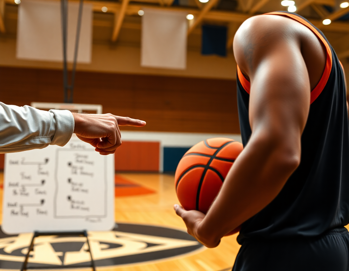Ala pivot baloncesto en ingles en práctica de juego: entrenador señala movimientos con pizarra.
