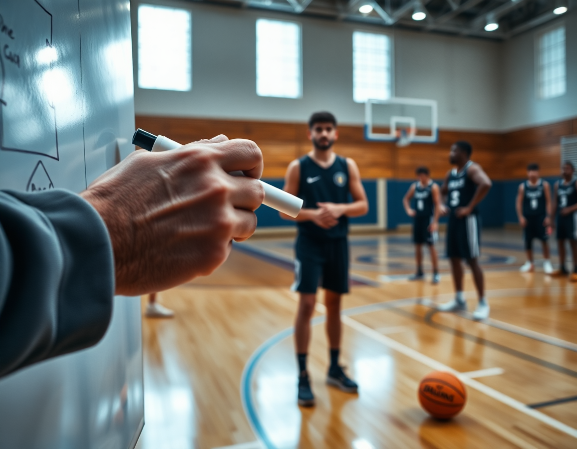 Primer plano de las manos del entrenador señalando la pizarra baloncesto durante una jugada de entrenamiento.