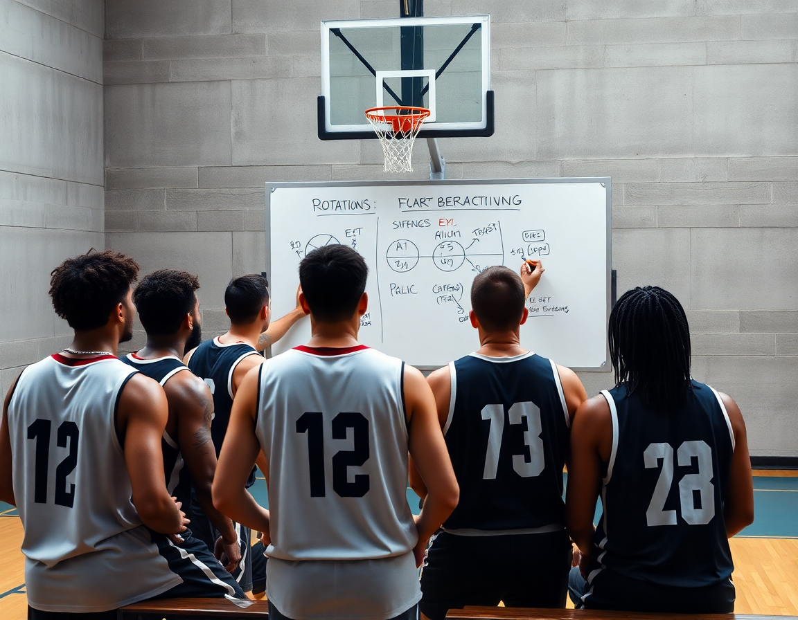 Entrenador dibuja rotaciones para el ejercicio defensa baloncesto en la pizarra, rodeado de jugadores.