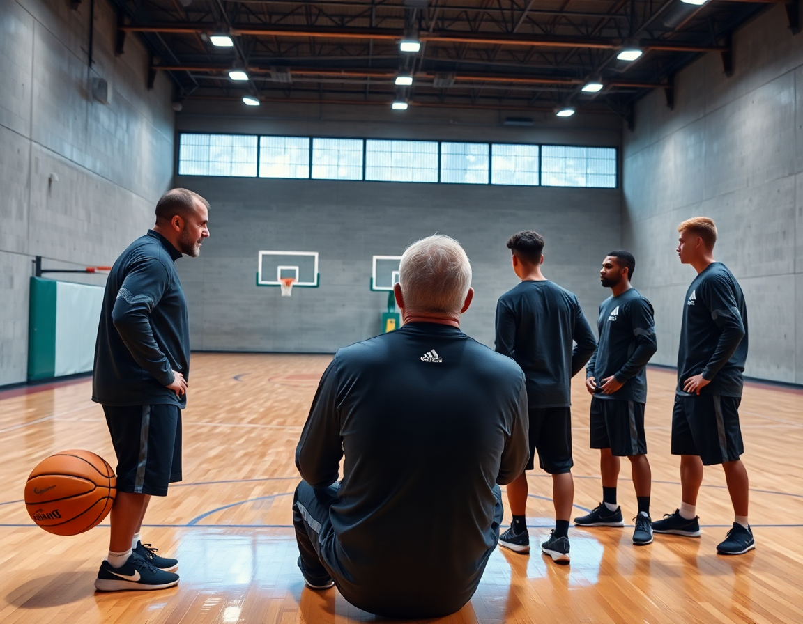 Equipo practica defensa en conjunto mientras el entrenador revisa clips de ejercicio defensa baloncesto en la cancha.
