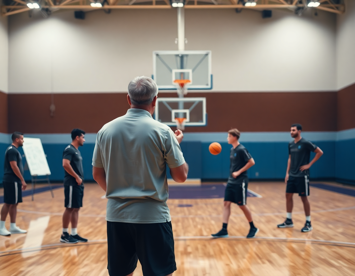 Alumnos de baloncesto ejecutando ejercicios ataque baloncesto bajo supervisión del entrenador en la cancha.