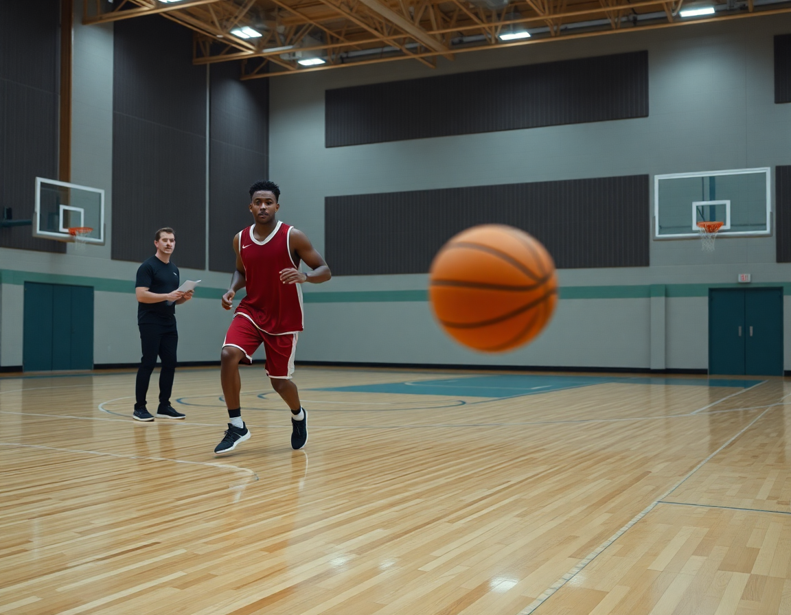 Dos jugadores practican ejercicios ataque baloncesto en la transición de juego sobre la cancha.
