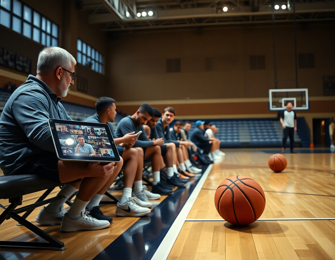Clips de scouting guiados por ejercicios ataque baloncesto se analizan en la tableta junto a técnicos.