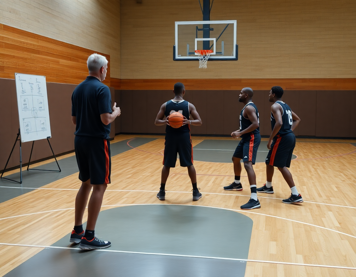 Primer plano de entrenador con pizarra táctica mientras se practican ejercicios de ataque y defensa baloncesto.