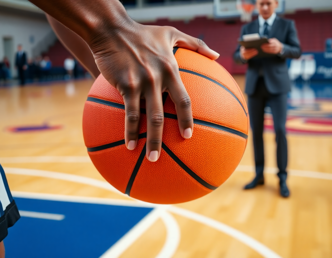 Plano cercano de manos sosteniendo una pelota naranja durante ejercicios de ataque y defensa baloncesto en la cancha.