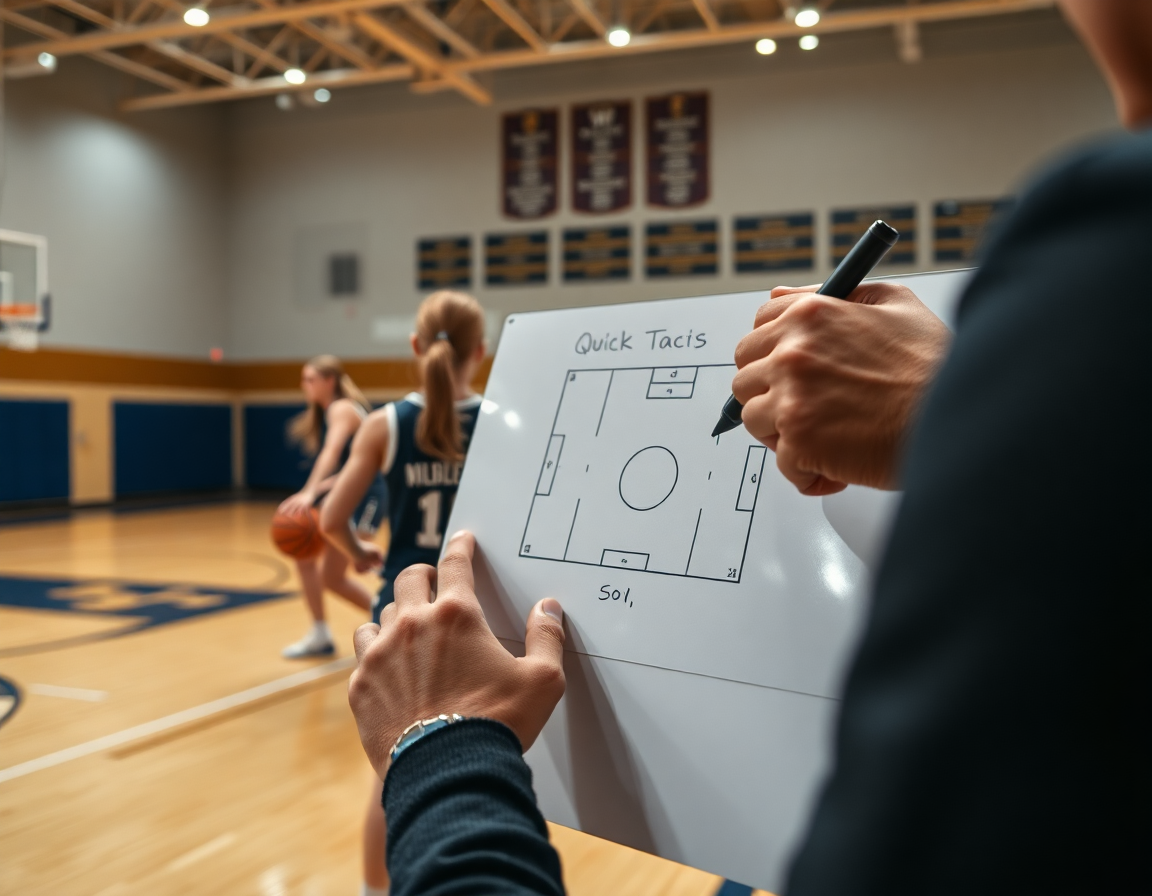 Primer plano del entrenador diseñando ejercicios baloncesto cadete femenino en la pizarra durante práctica.