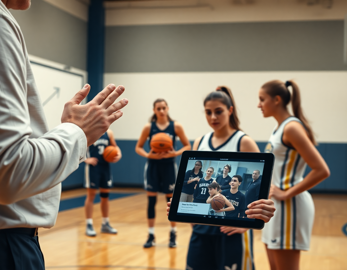 Plano cercano muestra ejercicios baloncesto cadete femenino con entrenador analizando video en tablet.