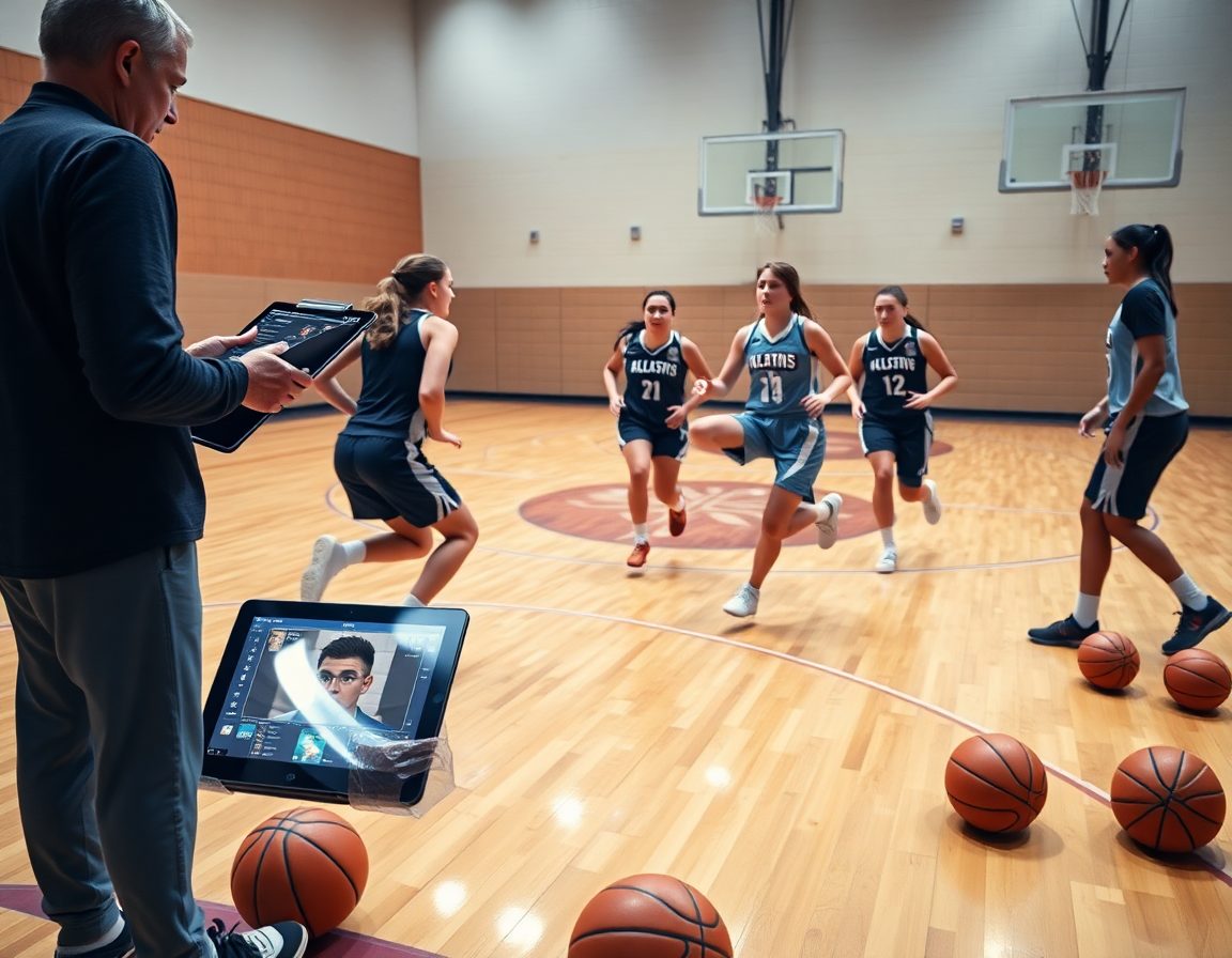 Escena de entrenamiento de ejercicios baloncesto cadete femenino con táctica y análisis de rivales en tablero.