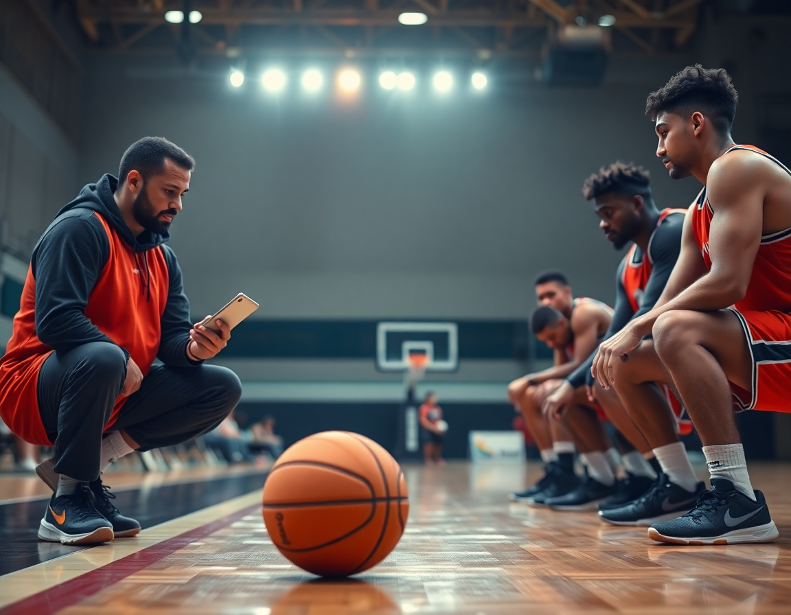 El entrenador revisa clips en una tablet junto a los cadetes; ejercicios baloncesto cadete para seguimiento.