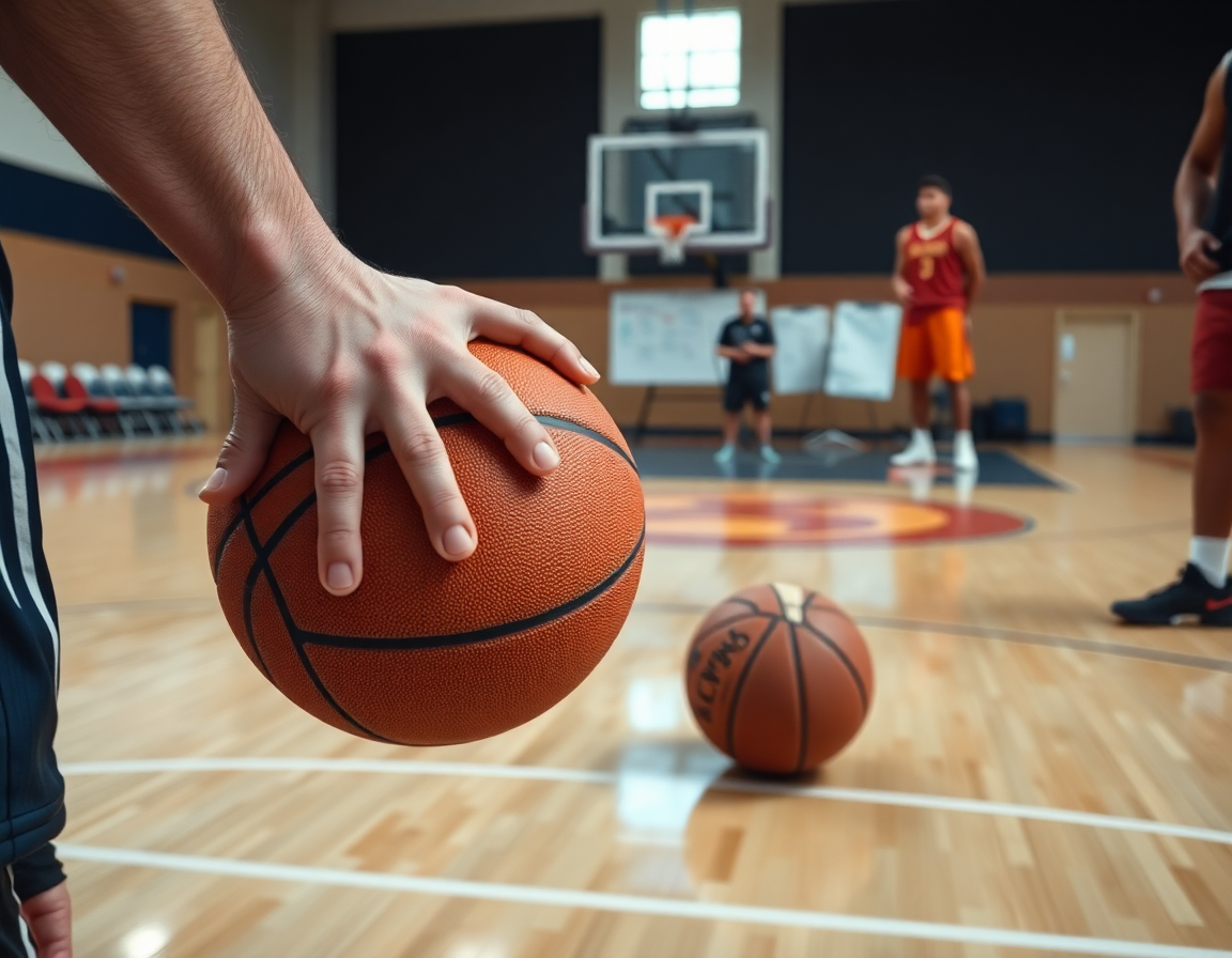 Primer plano de manos sujetando una pelota de baloncesto para ejercicios baloncesto defensa linea de pase.