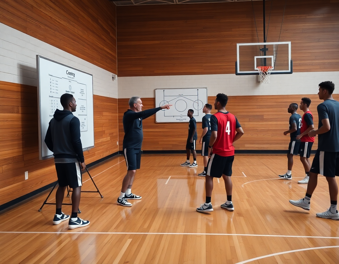 Entrenador señalando ejercicios baloncesto defensa linea de pase en pizarra, jugadores observando.