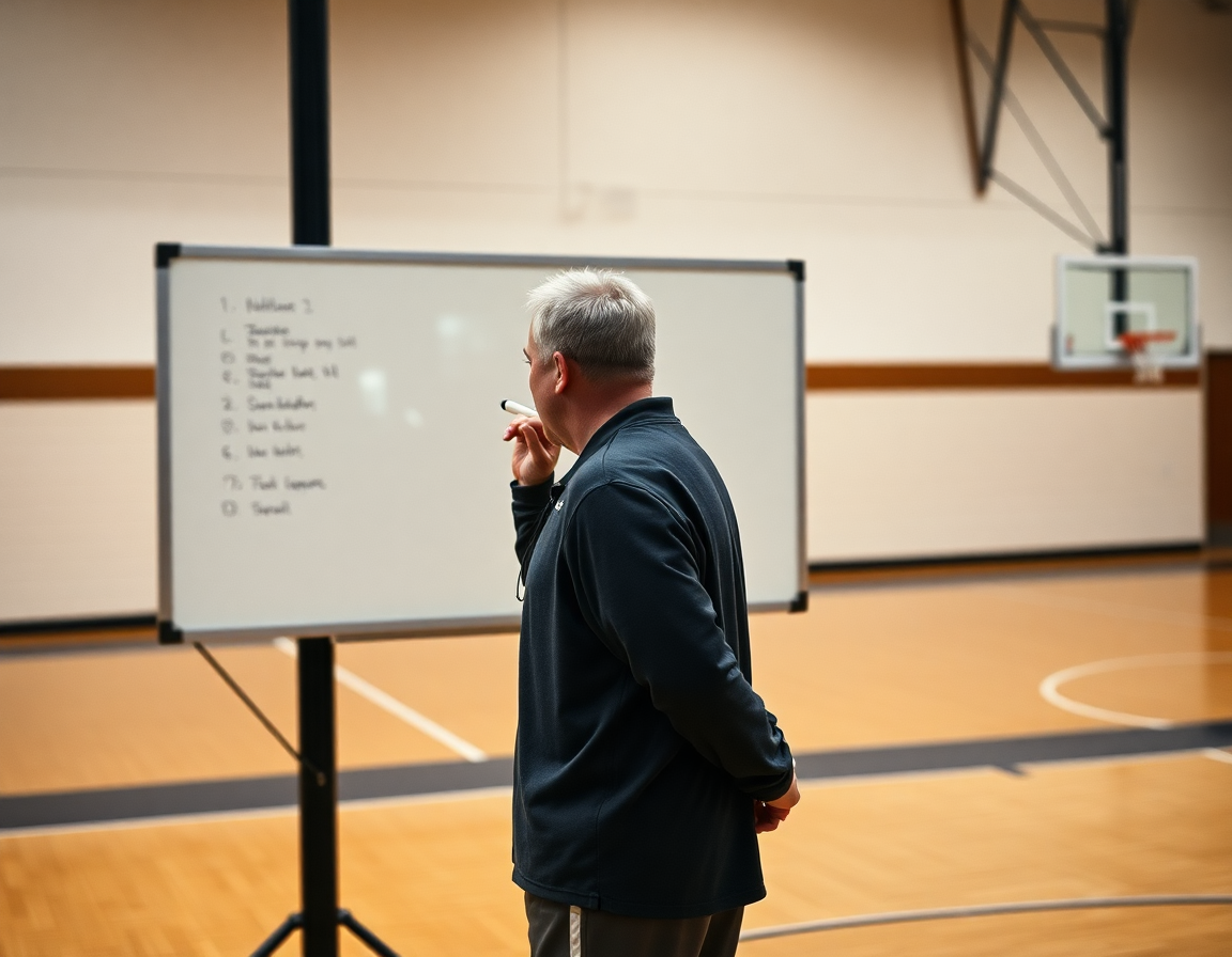 Coach explaining tactics on a gym whiteboard
