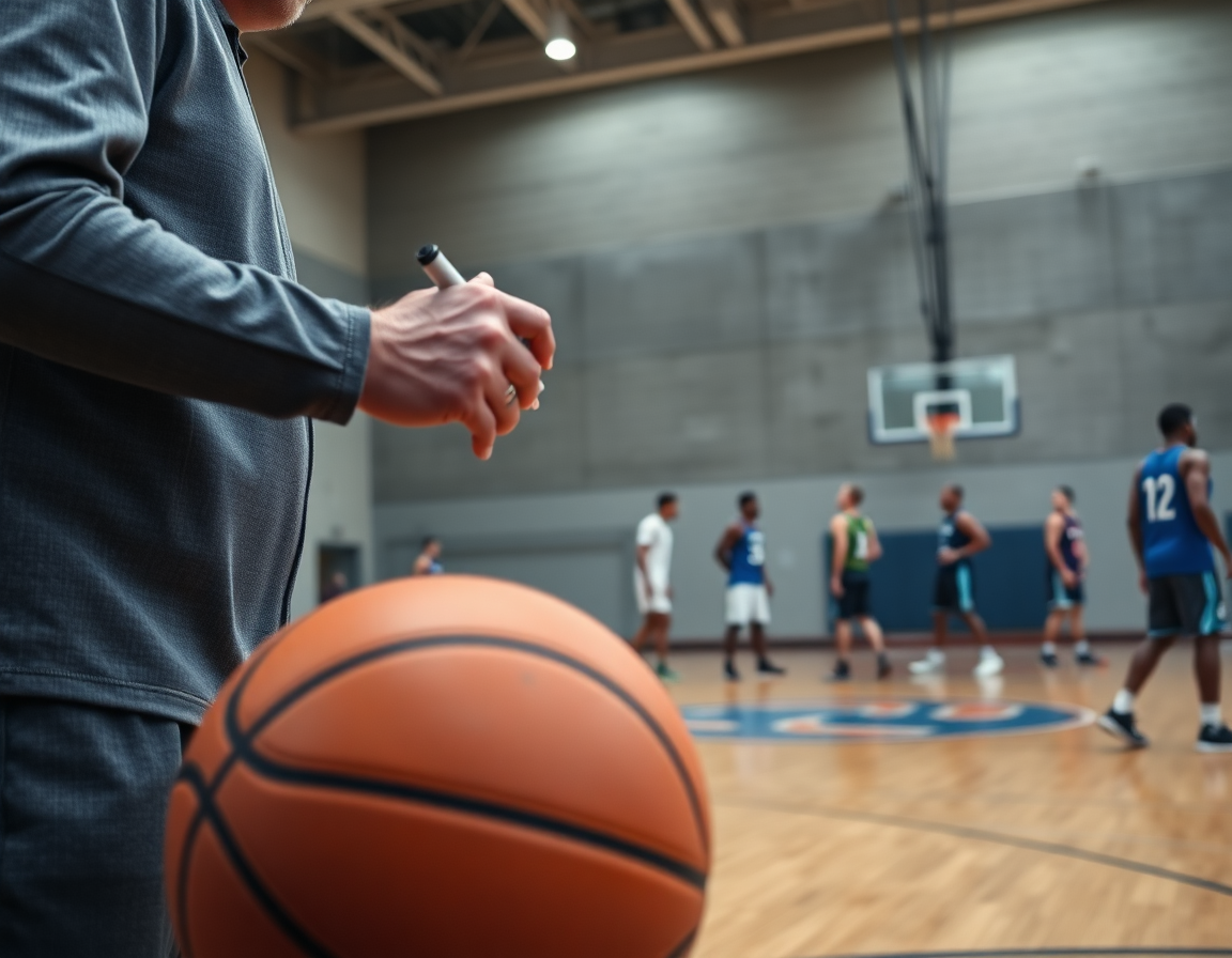 Primer plano de ejercicios baloncesto infantil femenino, manos de entrenador sobre una pizarra con jugadas.